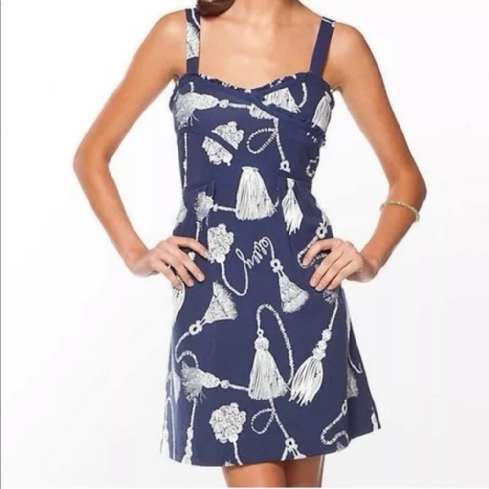 Lilly Pulitzer Navy White Tassel Cord Ruffle Sweetheart Dress Size 0